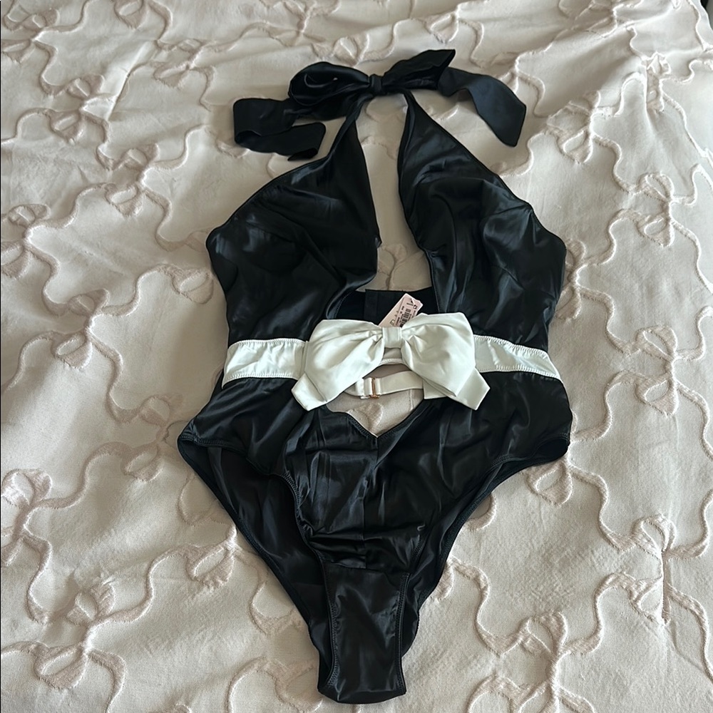 Victoria’s Secret Black Silk Teddy with Cream Bow